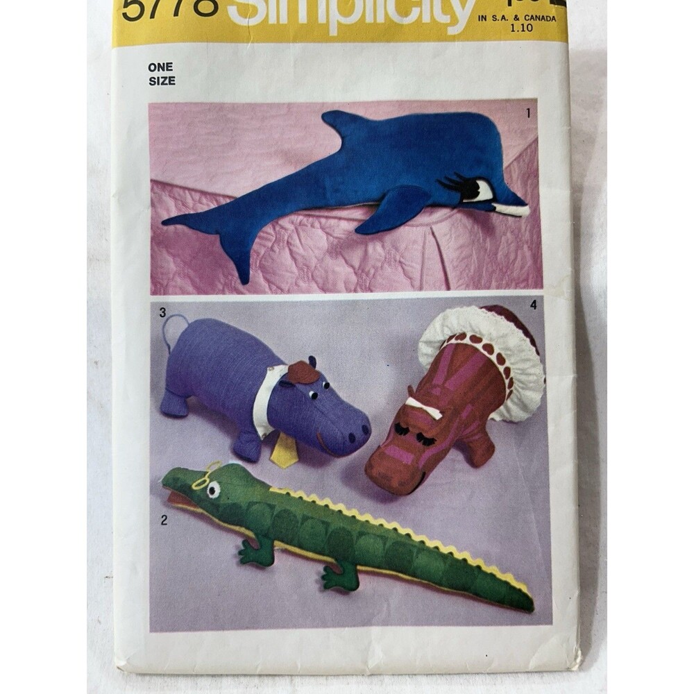 1970s Vintage Simplicity 5778 Stuffed Animals Pattern Cut Dolphin Hippo Aligator